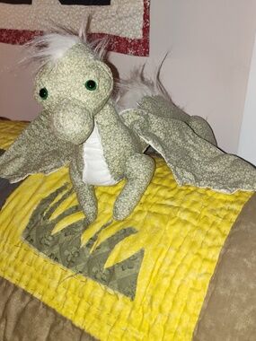 Plush Dragon Stuffed Animal with White Fur Mohawk Handsewn Color Varies